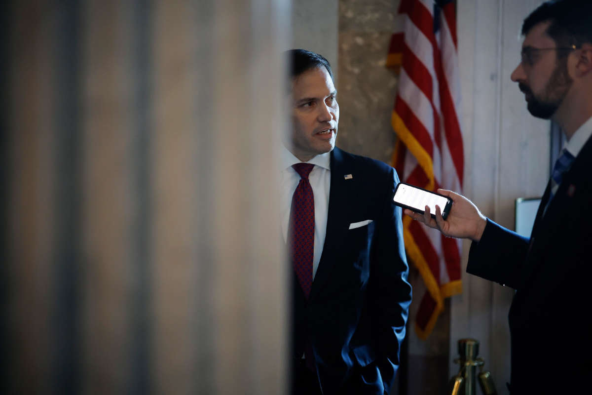 Sen. Marco Rubio talks to a reporter between votes at the U.S. Capitol on July 19, 2022, in Washington, D.C.