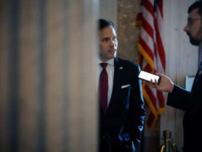 Sen. Marco Rubio talks to a reporter between votes at the U.S. Capitol on July 19, 2022, in Washington, D.C.