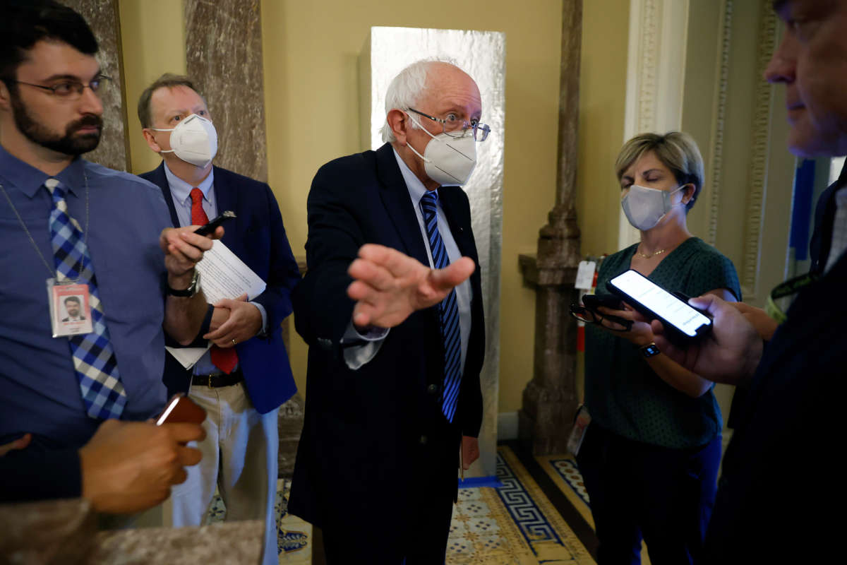 Senate Budget Committee Chairman Bernie Sanders talks to reporters after delivering a speech against the CHIPS Act on the floor of the Senate in the U.S. Capitol on July 25, 2022, in Washington, D.C.