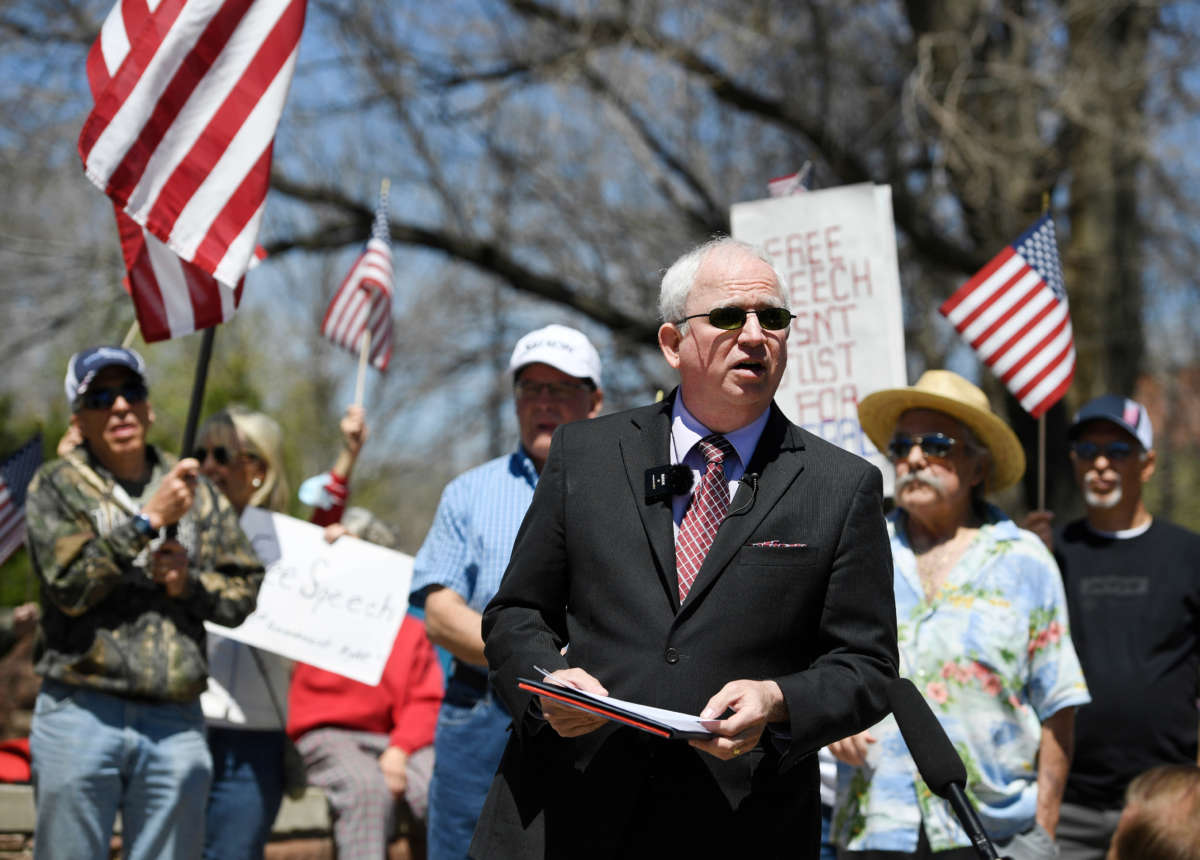 John Eastman speaks at a news conference outside of CU Boulder on April 29, 2021.