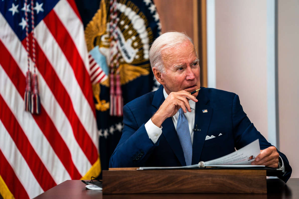 President Joe Biden is pictured during a meeting with CEOs in the South Court Auditorium of the Executive Office Building on July 28, 2022.