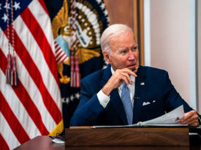 President Joe Biden is pictured during a meeting with CEOs in the South Court Auditorium of the Executive Office Building on July 28, 2022.
