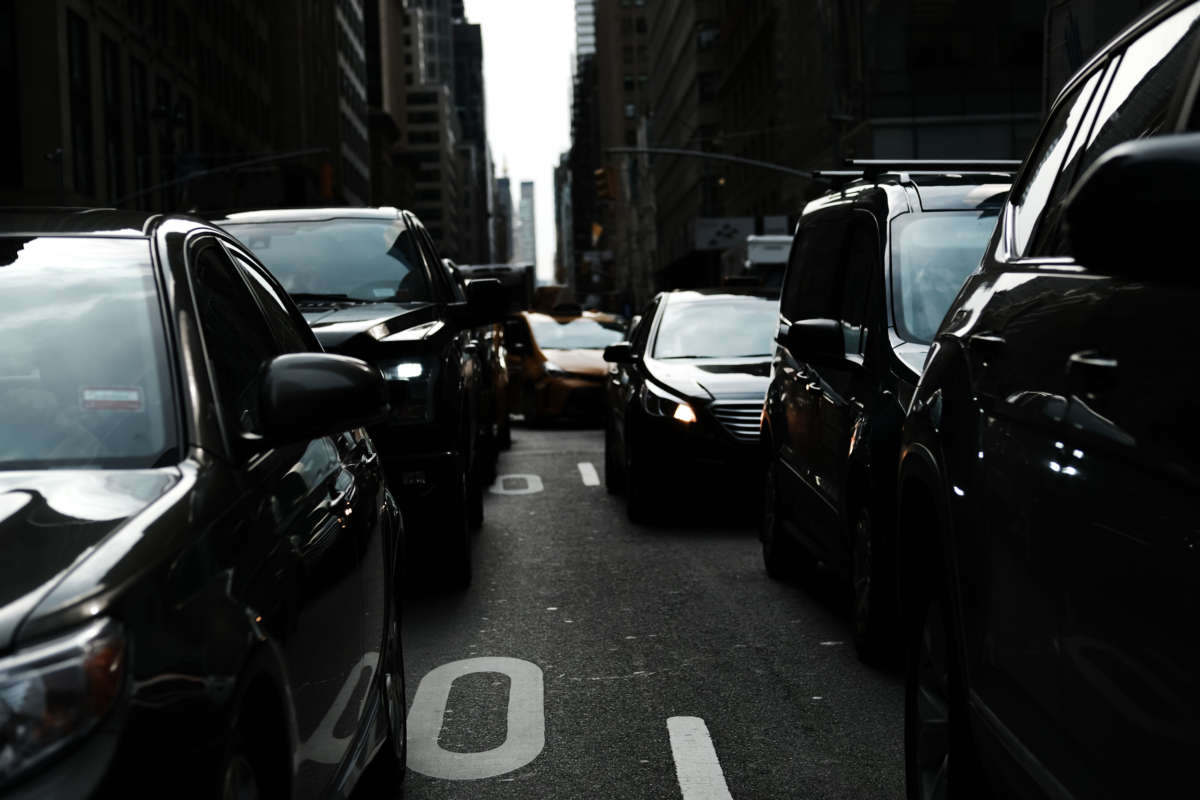 Cars pause in traffic on a busy Manhattan street on February 27, 2019, in New York City.