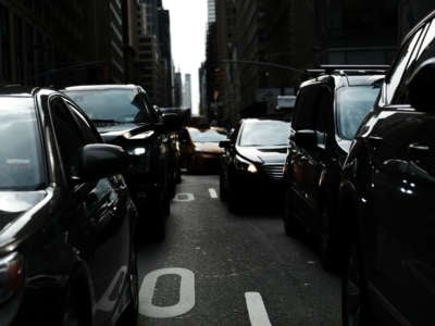 Cars pause in traffic on a busy Manhattan street on February 27, 2019, in New York City.