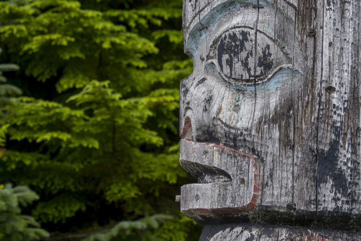 Detail of a totem pole in the village of Kake, a Tlingit village located on Kupreanof Island, Alaska, as seen on July 12, 2019.