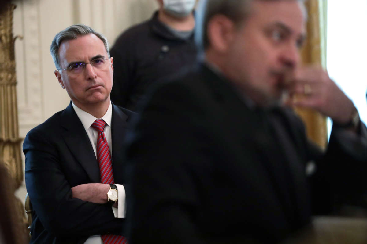White House Counsel Pat Cipollone listens during a cabinet meeting in the East Room of the White House on May 19, 2020, in Washington, D.C.