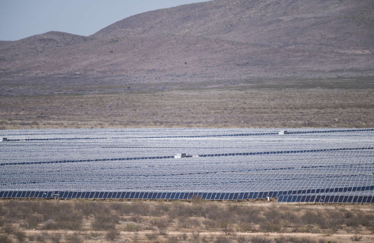 A solar energy farm soaks in the sun near Fort Stockton, Texas, on April 10, 2021.