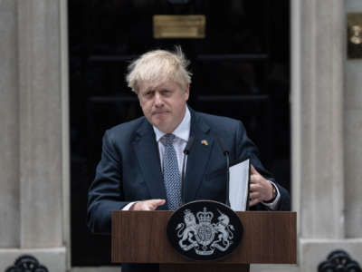 United Kingdom Prime Minister Boris Johnson addresses the nation as he announces his resignation outside 10 Downing Street on July 7, 2022, in London, England.