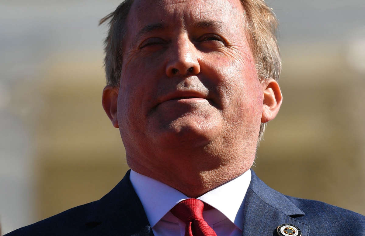 Texas Attorney General Ken Paxton speaks outside of the U.S. Supreme Court in Washington, D.C. on November 1, 2021.