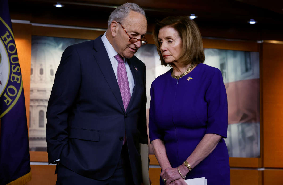 Senate Majority Leader Charles Schumer, left, and Speaker of the House Nancy Pelosi speak during a news conference on April 28, 2022, in Washington, D.C.