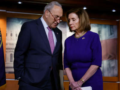Senate Majority Leader Charles Schumer, left, and Speaker of the House Nancy Pelosi speak during a news conference on April 28, 2022, in Washington, D.C.