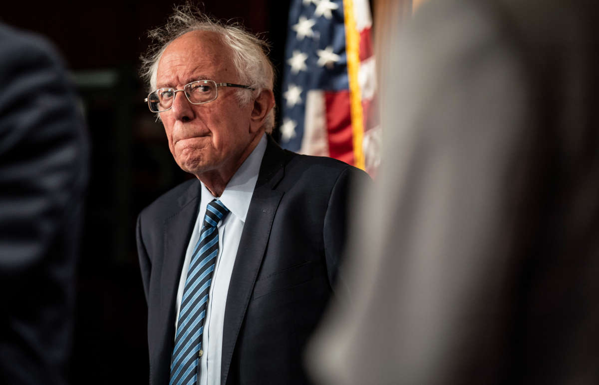 Sen. Bernie Sanders listens during a press conference on Capitol Hill on July 20, 2021, in Washington, D.C.