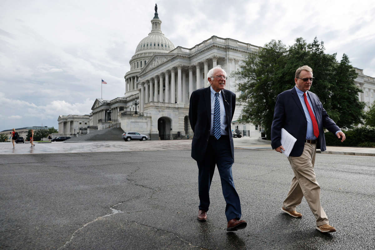 Senate Budget Committee Chairman Bernie Sanders walks out of the U.S. Capitol on July 25, 2022, in Washington, D.C.