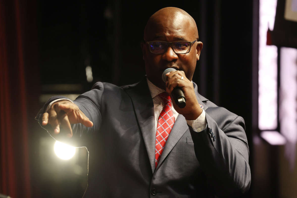 Rep. Jamaal Bowman speaks at the National Action Network’s three-day annual national convention on April 7, 2022, in New York City.