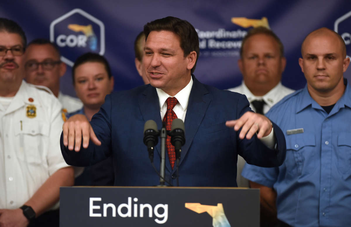 Florida Gov. Ron DeSantis speaks at a press conference at the Space Coast Health Foundation in Rockledge, Florida, on August 3, 2022.