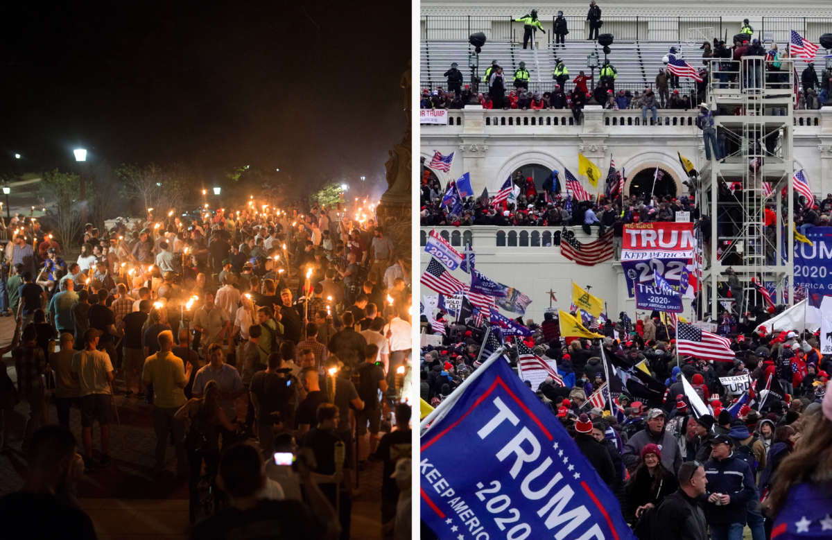 On the left, neo-Nazis, members of the "alt-right" and white supremacists encircle counter protestors at the base of a statue of Thomas Jefferson after marching through the University of Virginia campus with torches in Charlottesville, Virginia, on August 11, 2017; on the right, Trump supporters storm the Capitol on January 6, 2021.