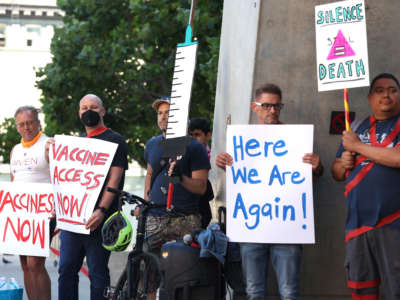 Health care and LGBTQ rights activists rally outside the San Francisco Federal Building to demand an increase in Monkeypox vaccines and treatments outside of the San Francisco Federal Building on August 8, 2022, in San Francisco, California.