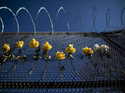 Flowers hang on a barbed wire security fence.