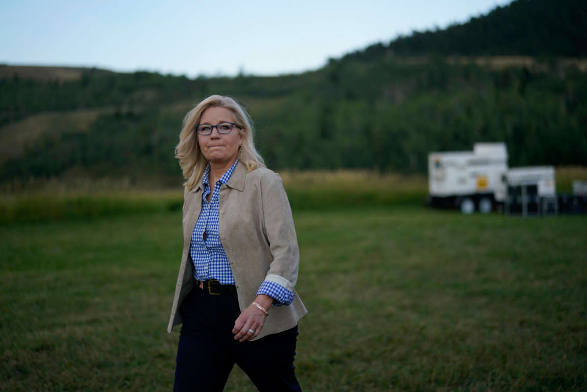 Rep. Liz Cheney walks to an election night event after polls close during the Republican primary election, at the Mead Ranch on August 16, 2022, in Jackson Hole, Wyoming.