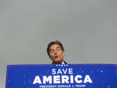 Republican Senate candidate Mehmet Oz speaks at a rally in support of his campaign sponsored by former President Donald Trump at the Westmoreland County Fairgrounds on May 6, 2022, in Greensburg, Pennsylvania.