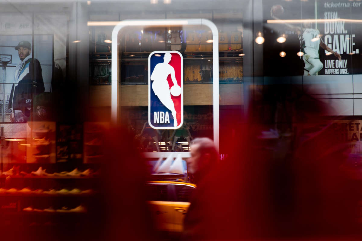 An NBA logo is shown at the 5th Avenue NBA store on March 12, 2020, in New York City.