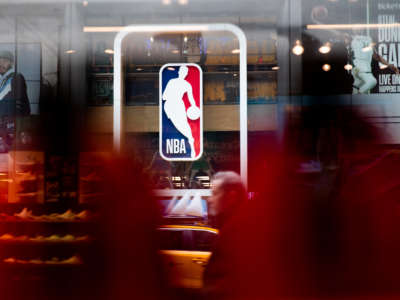 An NBA logo is shown at the 5th Avenue NBA store on March 12, 2020, in New York City.