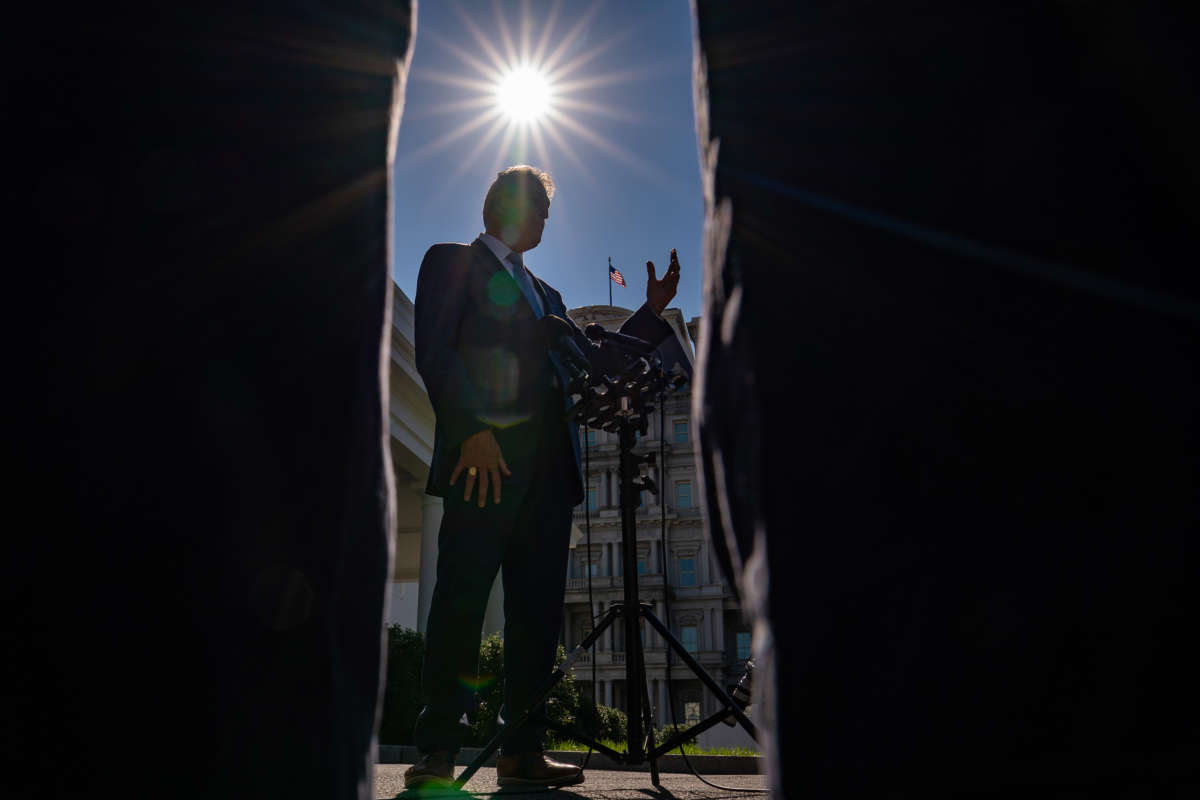 Sen. Joe Manchin speaks with the press following the signing into law H.R. 5376, the Inflation Reduction Act of 2022, at the White House on August 16, 2022.