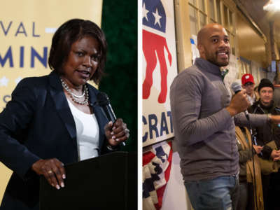 Rep. Val Demings, on the left, and Lt. Governor Mendela Barnes are pictured separately holding microphones at their respective campaign events