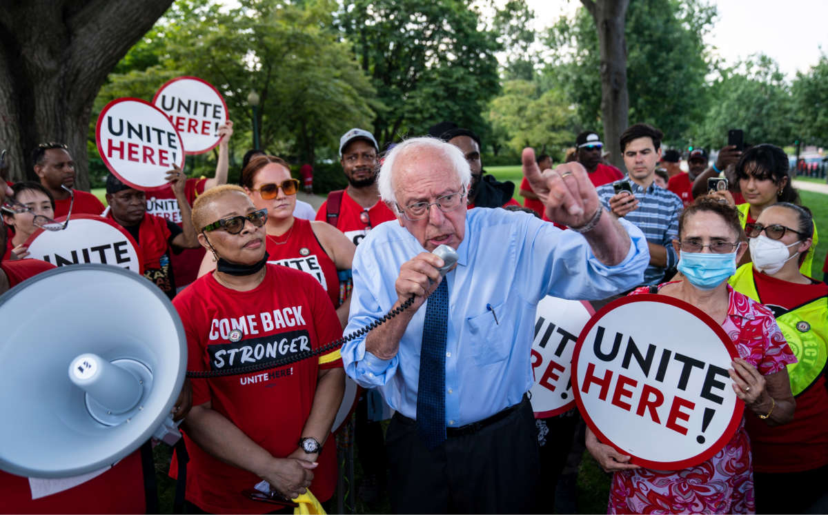 Sen. Bernie Sanders meets with UNITE union members protest outside the Senate office buildings in support of Senate cafeteria workers employed by Restaurant Associates on Capitol Hill on July 20, 2022, in Washington, D.C.