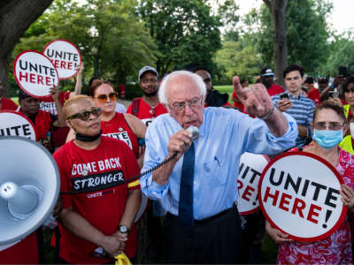 Sen. Bernie Sanders meets with UNITE union members protest outside the Senate office buildings in support of Senate cafeteria workers employed by Restaurant Associates on Capitol Hill on July 20, 2022, in Washington, D.C.