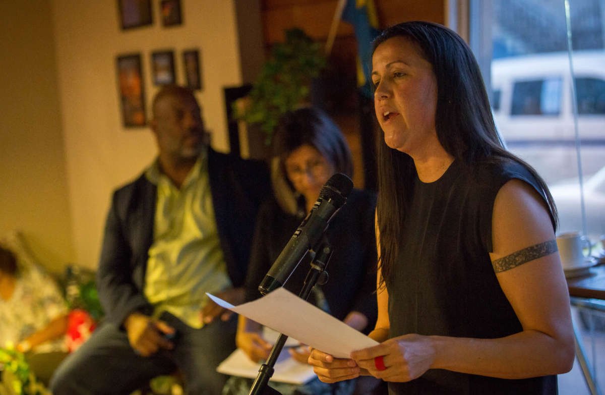 Natalie Diaz reads at an event at the Nordic Café on May 15, 2017, in Jerusalem, Palestine.