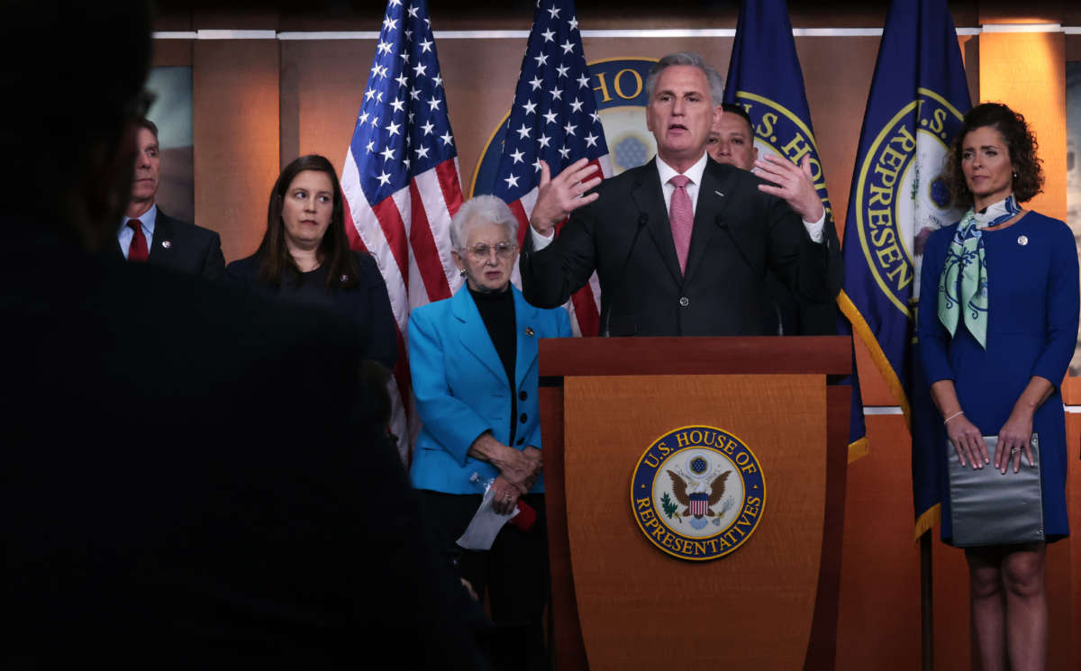 House Minority Leader Kevin McCarthy holds a news conference with (L-R) Rep. Elise Stefanik, Rep. Virginia Foxx, Rep. Tony Gonzales and Rep. Julia Letlow, in the U.S. Capitol Visitors Center on November 3, 2021, in Washington, D.C.