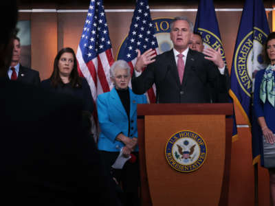 House Minority Leader Kevin McCarthy holds a news conference with (L-R) Rep. Elise Stefanik, Rep. Virginia Foxx, Rep. Tony Gonzales and Rep. Julia Letlow, in the U.S. Capitol Visitors Center on November 3, 2021, in Washington, D.C.