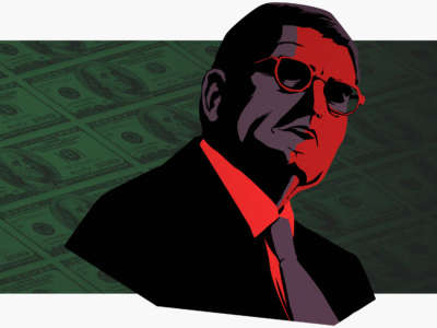 Illustration of Leonard A. Leo in red and purple over a green photo of hundred dollar bills being printed
