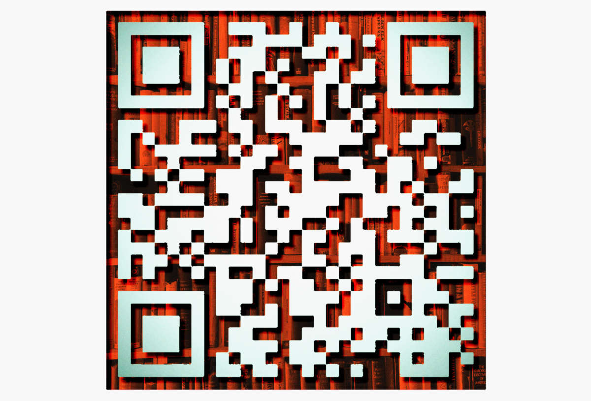 QR Code with library book shelves behind it