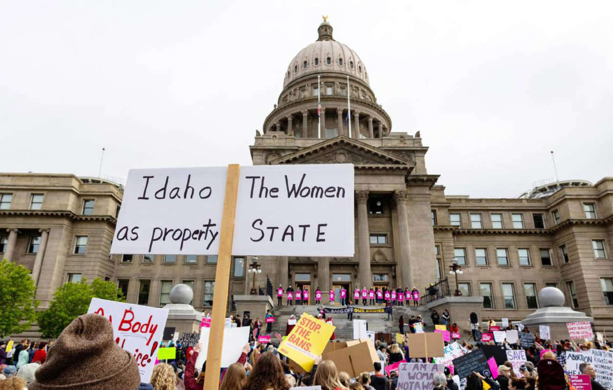 People rally for abortion rights outside the Idaho Capitol on May 14, 2022.