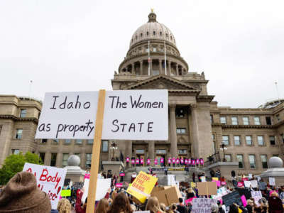 People rally for abortion rights outside the Idaho Capitol on May 14, 2022.