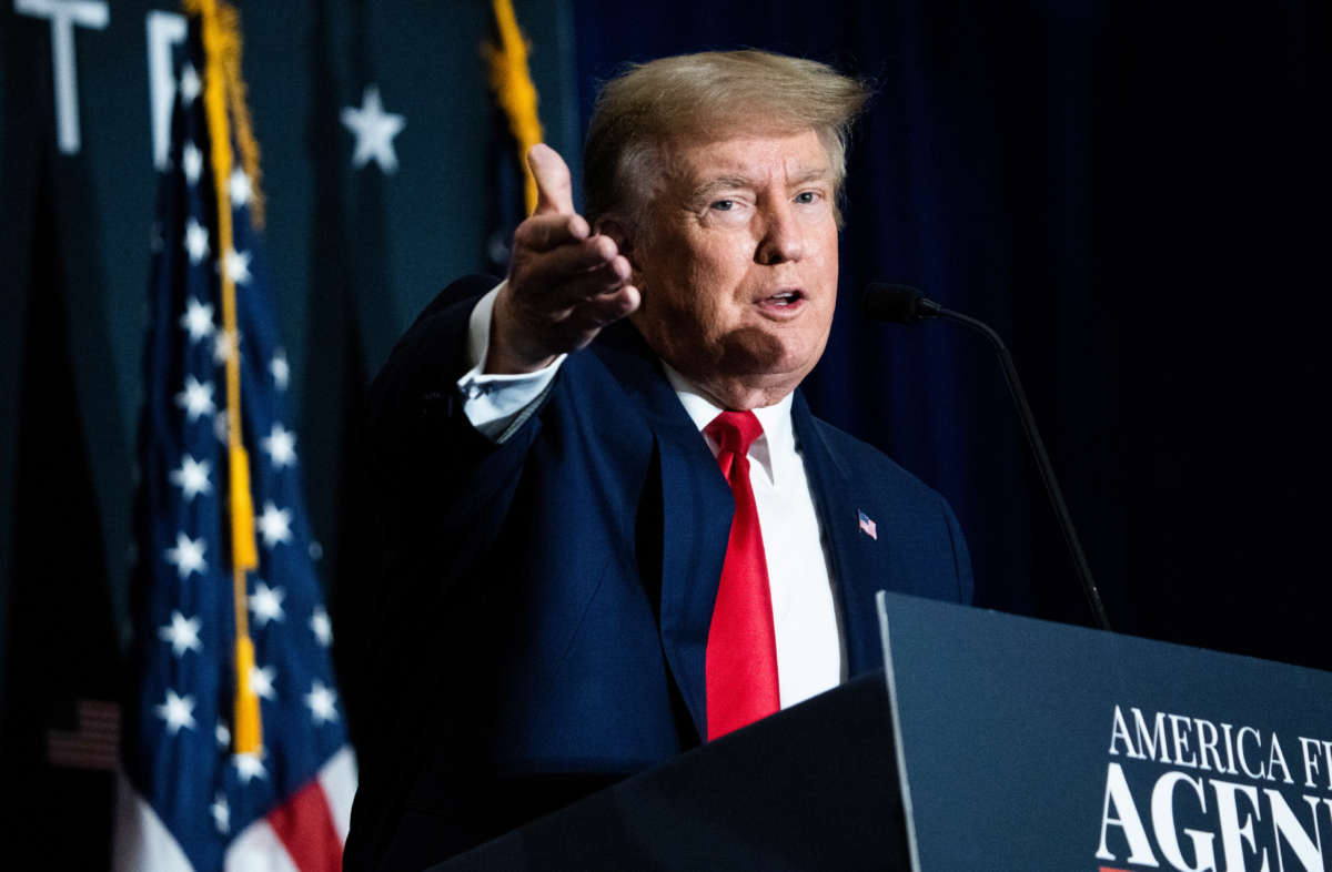 Former President Donald Trump addresses the America First Policy Institute's America First Agenda Summit at the Marriott Marquis on July 26, 2022.