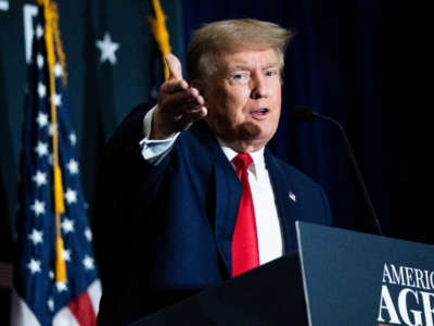 Former President Donald Trump addresses the America First Policy Institute's America First Agenda Summit at the Marriott Marquis on July 26, 2022.