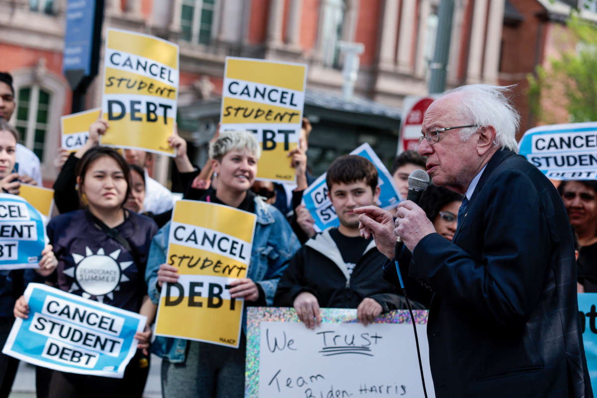 Sen. Bernie Sanders speaks at a student loan forgiveness rally on Pennsylvania Avenue and 17th Street near the White House on April 27, 2022, in Washington, D.C.