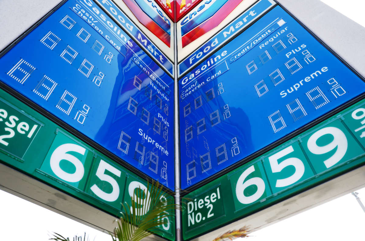 Gas prices are displayed at a Chevron station on April 27, 2022, in Los Angeles, California.