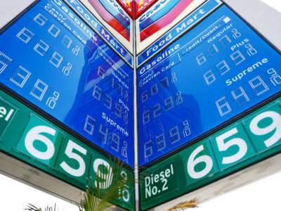 Gas prices are displayed at a Chevron station on April 27, 2022, in Los Angeles, California.