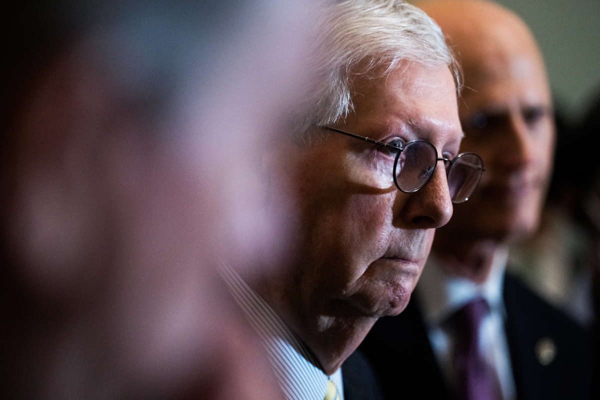 Senate Minority Leader Mitch McConnell and Sen. Rick Scott, right, conduct a news conference after the Senate luncheons in the U.S. Capitol on June 22, 2022.