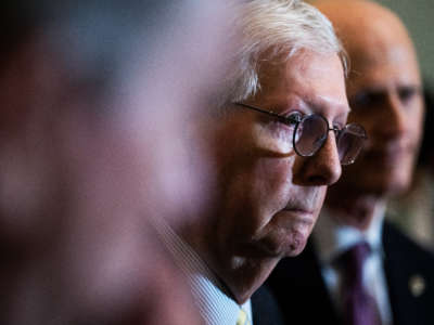 Senate Minority Leader Mitch McConnell and Sen. Rick Scott, right, conduct a news conference after the Senate luncheons in the U.S. Capitol on June 22, 2022.