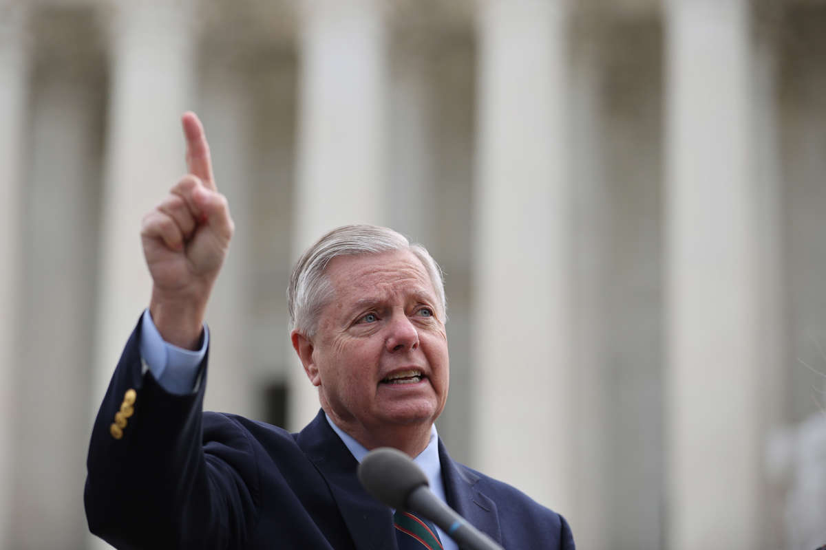 Sen. Lindsey Graham holds a news conference outside the Supreme Court building on April 22, 2021, in Washington, D.C.