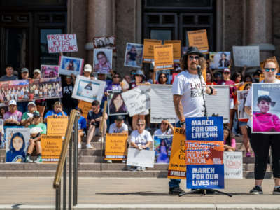 The Garcia family speak about their child Uziyah Garcia, who was murdered during the mass shooting at Robb Elementary School, during a March For Our Lives rally on August 27, 2022, in Austin, Texas.
