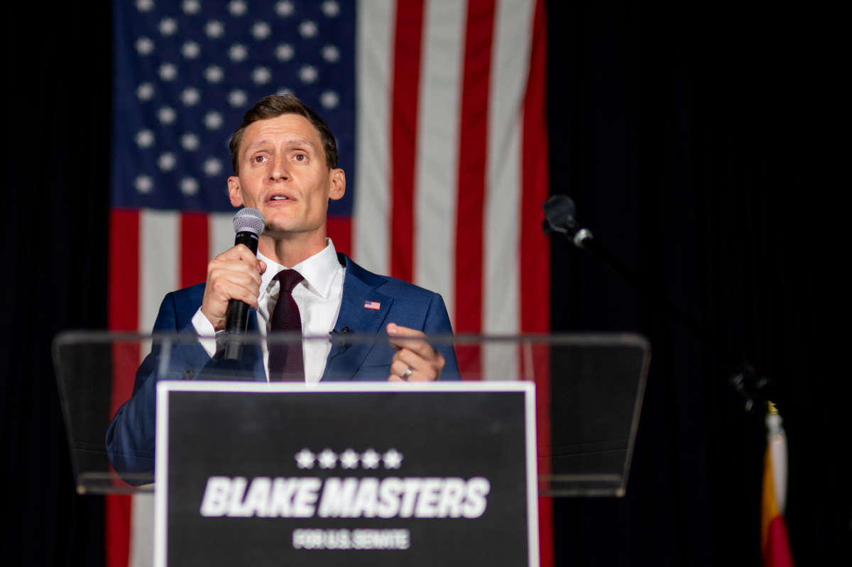 Republican senatorial candidate Blake Masters speaks during his election night watch party on August 2, 2022, in Chandler, Arizona.
