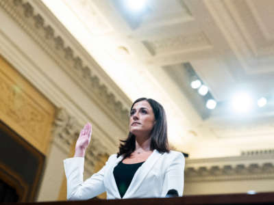 Cassidy Hutchinson, an aide to former White House Chief of Staff Mark Meadows, is sworn in to the Select Committee to Investigate the January 6th Attack on the United States Capitol hearing to present previously unseen material and hear witness testimony in the Cannon House Office Building, on June 28, 2022.