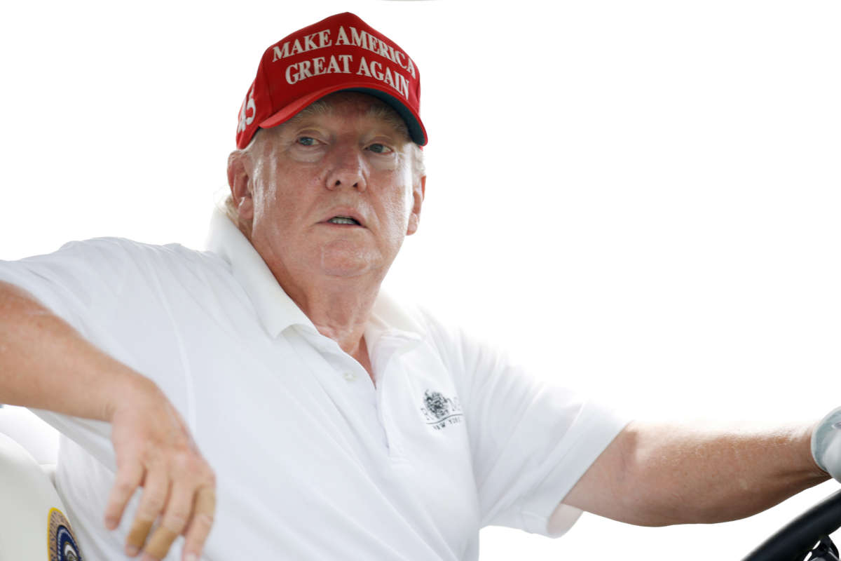 Former President Donald Trump looks on during the pro-am prior to the LIV Golf Invitational - Bedminster at Trump National Golf Club Bedminster on July 28, 2022, in Bedminster, New Jersey.