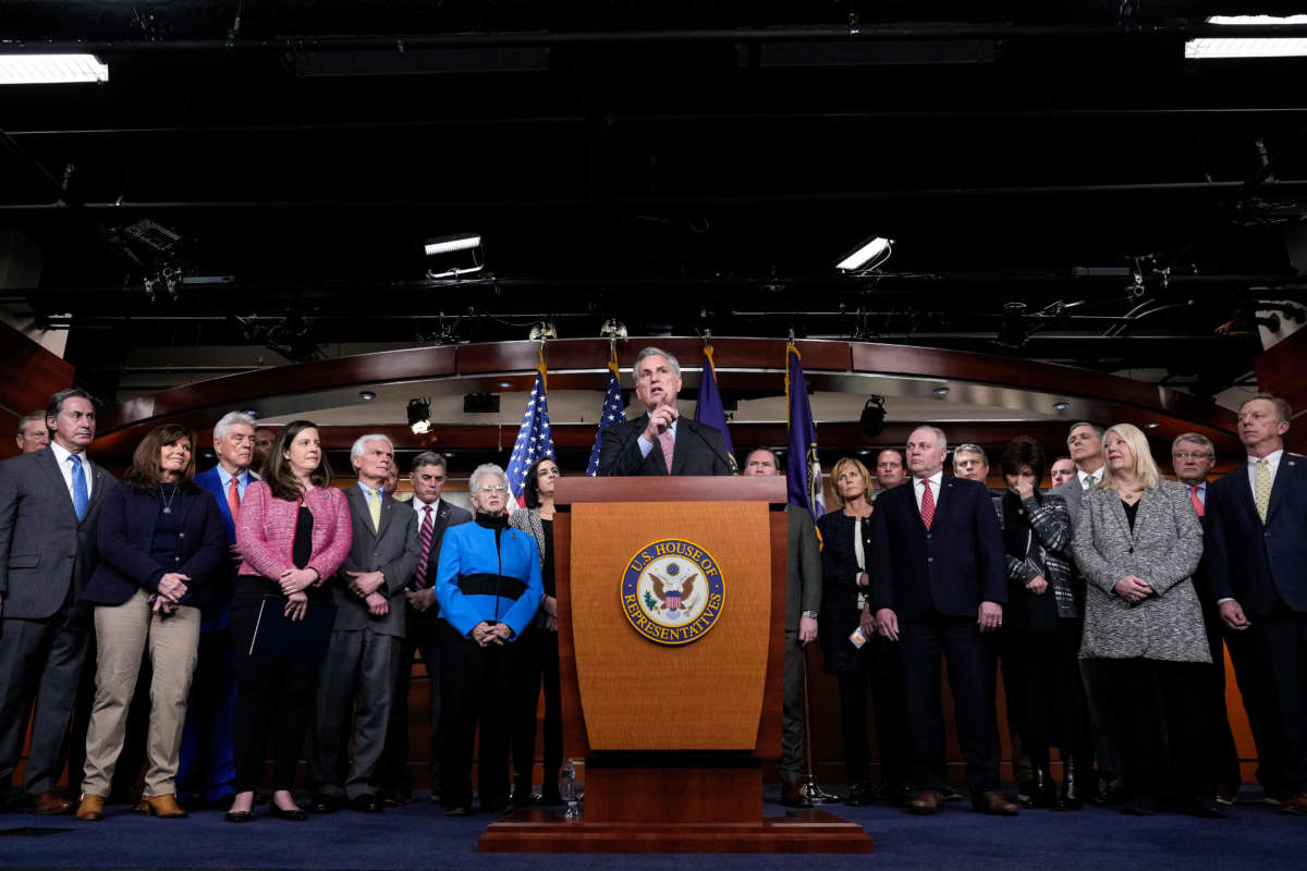 House Minority Leader Kevin McCarthy speaks at a news conference with fellow House Republicans at the U.S. Capitol on January 20, 2022, in Washington, D.C.